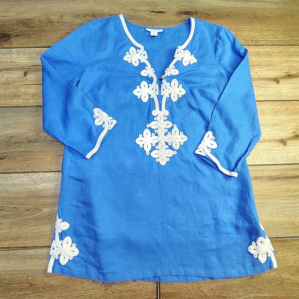 Charter Club Linen Medium Embroidered Tunic Blouse V-Neck Blue Beach Coverup Blu